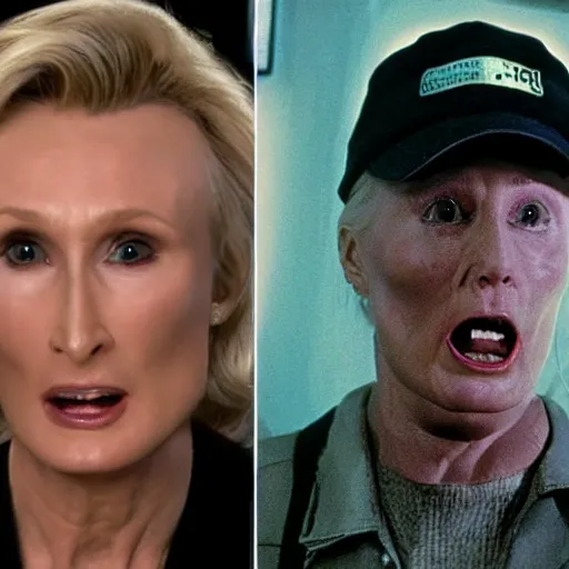 Image similar to john voight is a ghostbuster, capturing jane lynch horrible scary poltergeist, practical effects, monster makeup, gritty film, melting face, skeletal scream