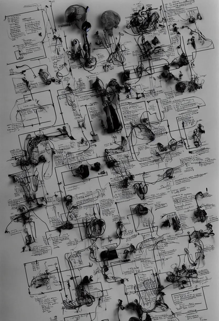 Image similar to research notes of a singular futuristic readymade object by Marcel Duchamp, chess piece and computer cables, flowchart, graph and notes, film stock by Irving Penn and Edward Weston