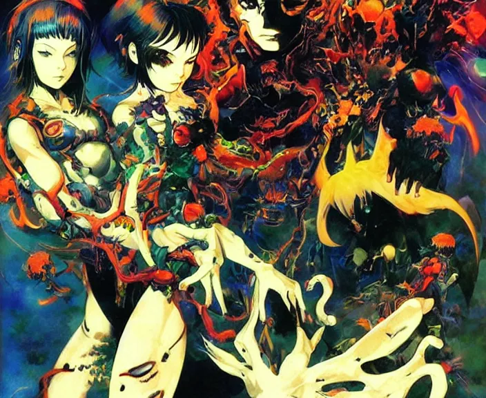 Image similar to psychedelic demonic space babies, by shigenori soejima, by frank frazetta, digital painting masterpiece, beautiful brush strokes, advanced lighting technology, symmetry!!!