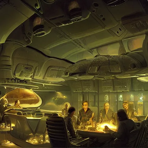 Image similar to scene from prometheus movie, syd mead artlilery spaceship lands in country tavern, filigree ornaments, volumetric lights, micheal whelan