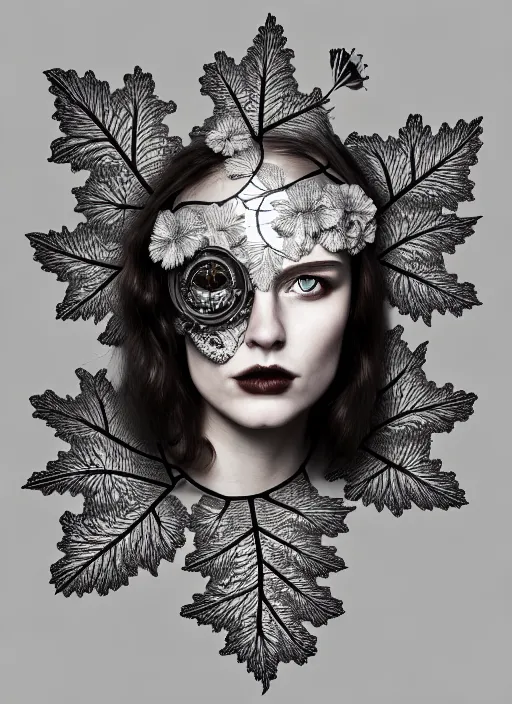 Image similar to monochrome profile portrait painting, dutch masters, silver lace floral steampunk biomechanical beautiful one techno eye young female cyborg, big monocular, volumetric light, leaves foliage and stems, hibiscus flowers, alexander mcqueen, rim light, big gothic fashion pearl embroidered collar, 8 k