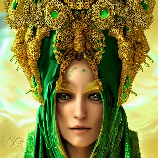 Prompt: a beautiful woman wearing a green kaftan made of silk with golden ornaments by alex gray and android jones , Karol Bak, Ayami Kojima, Amano , concept art, character design, fantasy,3D, 8k resolution