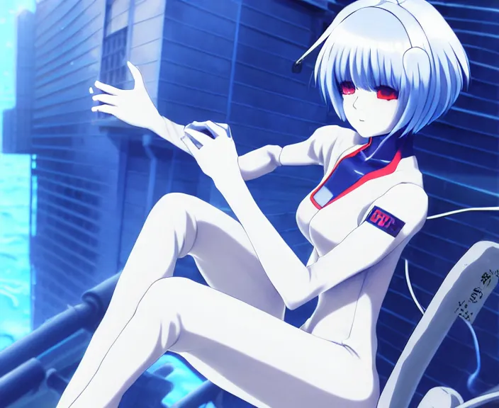 Image similar to anime art, fullbody shot of female rei ayanami, evangelion, long blue hair and large eyes, finely detailed perfect face, in a pale skintight plugsuit, sitting on rooftop, flooded city, trending on pixiv fanbox, by ilya kuvshinov, sola digital arts,, raytracing