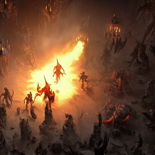 Prompt: Diablo 4, crowd of monsters, video game, UnReal Engine. Photo-realistic UHDR, hyperrealism, very detailed, cinematic,