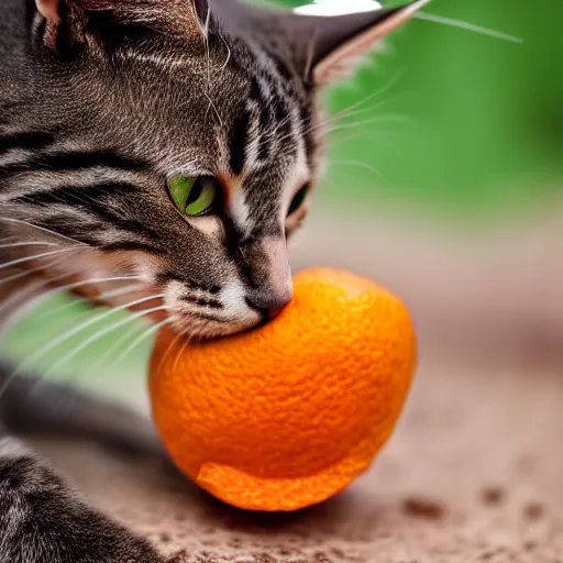 Image similar to photorealistic photograph of a cat wearing an orange peel as a hat by suzi eszterhas, fruit helmet, photorealism, photorealistic, realism, real, highly detailed, ultra detailed, detailed, f / 2. 8 l canon ef is lens, canon eos - 1 d mark ii, wildlife photographer of the year, pulitzer prize for photography, 8 k