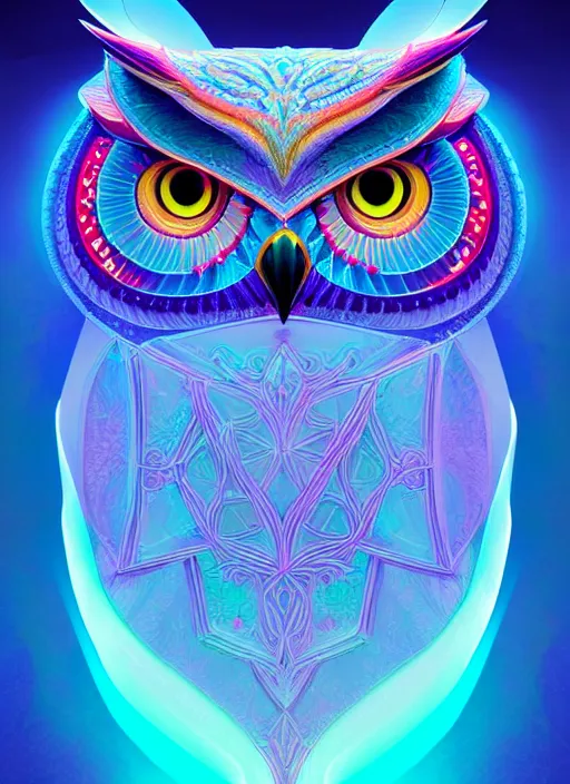 Image similar to symmetry!! product render poster vivid colors divine proportion owl, ice and snow, glowing fog intricate, elegant, highly detailed, digital painting, artstation, concept art, smooth, sharp focus, illustration,