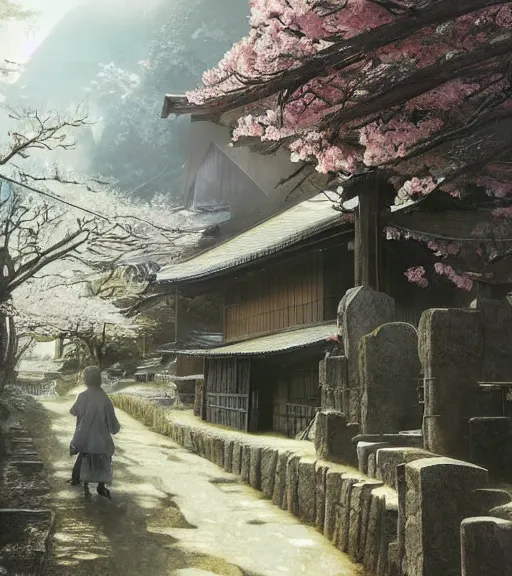 Prompt: walking around rural shirakawa - go, gifu, japan. volumetric lighting, spring late morning, nice slight overcast weather, realistic illustration, perfectly shaded, soft painting, low angle, art by krenz cushart and wenjun lin