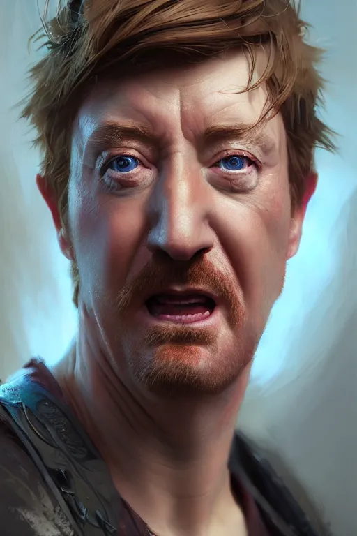 Prompt: ultra detailed close up facial portrait of rhys darby, extremely detailed digital painting, in the style of fenghua zhong and ruan jia and jeremy lipking and peter mohrbacher, mystical colors, rim light, beautiful lighting, 8 k, stunning scene, raytracing, octane, trending on artstation