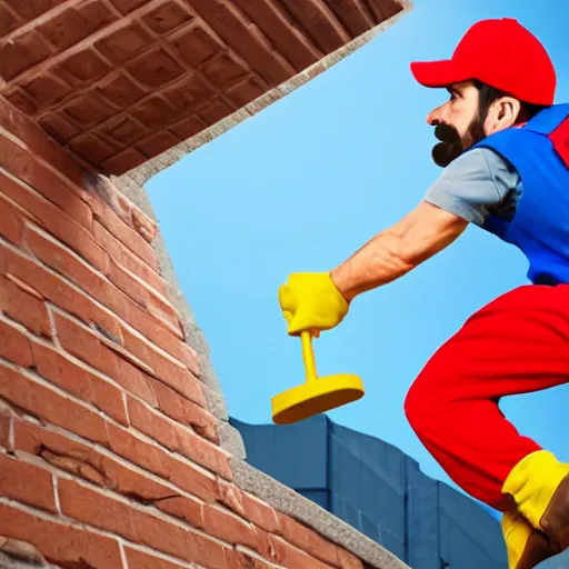 Image similar to plumber with a mustache, red overalls, jumping to hit a brick cube floating above the ground