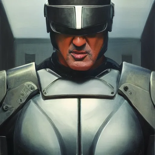 Prompt: sylvester stallone in cyber spartan armor, tech noir, wet reflections, prism, atmospheric, ambient, pj crook, syd mead, livia prima, greg rutkowski, edward hopper