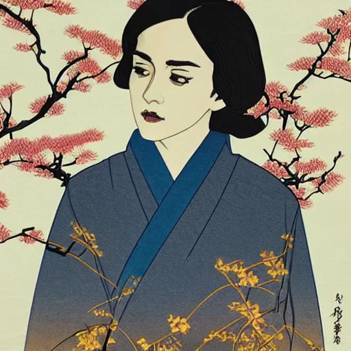 Image similar to “ emma watson portrait by ikenaga yasunari and ayana otake and ko rakusui, 6 0 s poster, drawing, realistic, sharp focus, japanese, dreamy, nostalgia, faded, golden hues, floral clothes ”