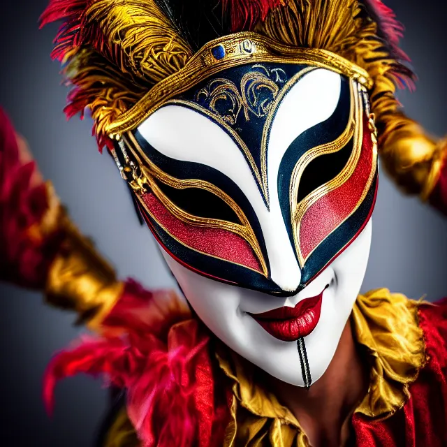 Image similar to photo of a beautiful!! harlequin warrior with venetian mask highly detailed 8 k hdr smooth sharp focus high resolution award - winning photo photorealistic