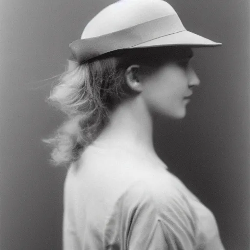 Prompt: portrait of 2 0 - year - old woman with angle lost profile looking away, medium yellow blond hair, character with a hat, hair comes out of the hat a little