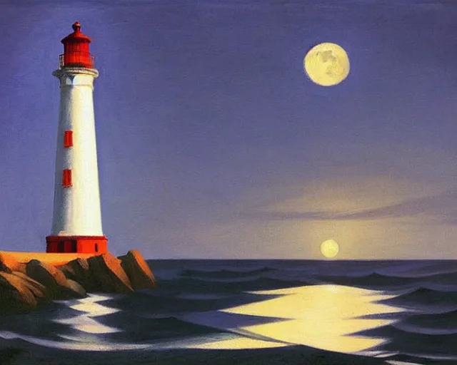 Image similar to a stunning maritime painting of a sailing ship, a lighthouse, the moon, a small house with the lights on, by edward hopper, award winning art, moody lighting