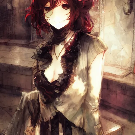 Image similar to goth woman smiling, color page, tankoban, 4 k, tone mapping, akihiko yoshida, james jean andrei riabovitchev marc simonetti, yoshitaka amano, long hair, curly, h. hydrochaeri