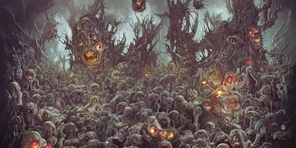 Image similar to A horror illustration layout design of a group of zombies melting into each other by Peter Mohrbacher and andrew ferez and Maximilian Pirner and aaron horkey and peter gric, trending on pinterest, medieval, rococo, maximalist, glittering, feminine, by artgerm