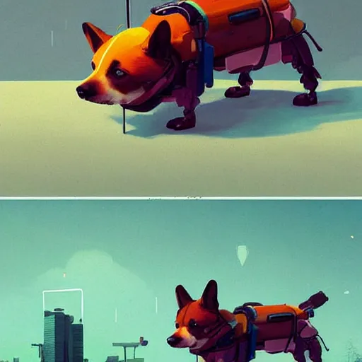 Image similar to a cyberpunk corgi robot, digital painting by simon stalenhag