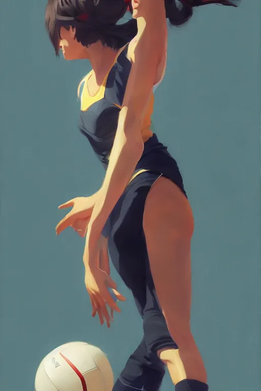 Image similar to A ultradetailed beautiful panting of a stylish woman playing volleyball, Oil painting, by Ilya Kuvshinov, Greg Rutkowski and Makoto Shinkai