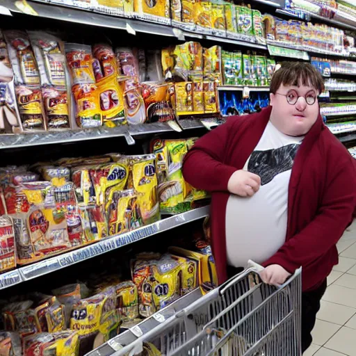 Prompt: obese harry potter in the grocery store, 4 k