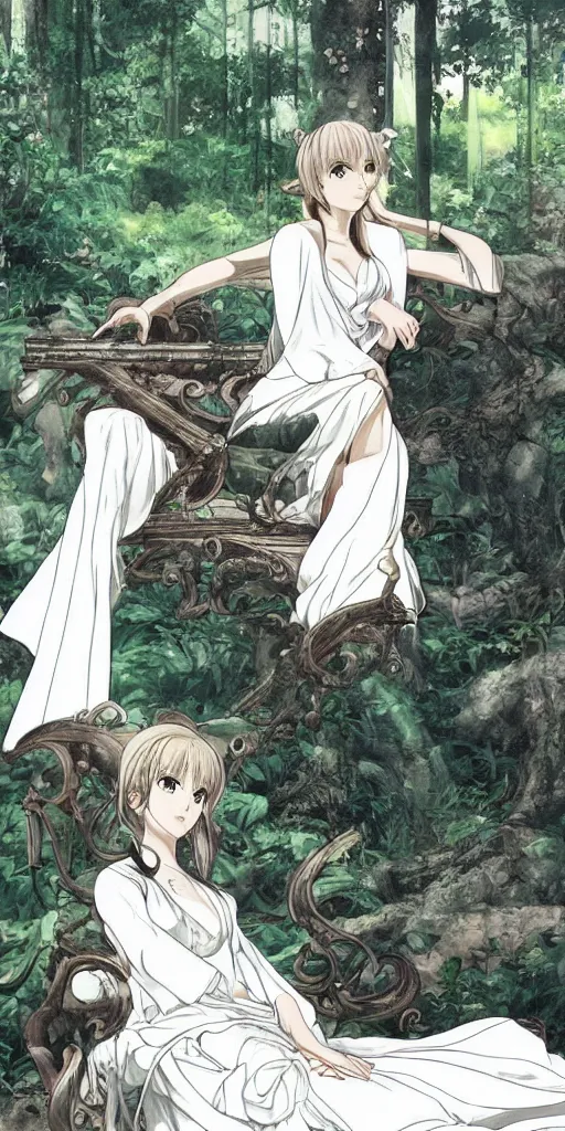 Image similar to an empress sitting by herself on a sofa in a forest wearing a white robe drawn by cloverworks studio, elegant, beauty, tarot card