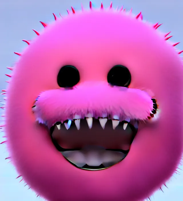 Image similar to high quality 3 d render hyperrealistic very cute big pink little spherical creature with big happy mouth, smile, plush mascot, short spiky dense fluffy smooth hair, isometric view, pink fluffy fur, 1 5 0 mm, beautiful natural soft light, rim light, smooth background, artstation, ultra detailed, elegant, ultra detailed, metallic armor, octane render