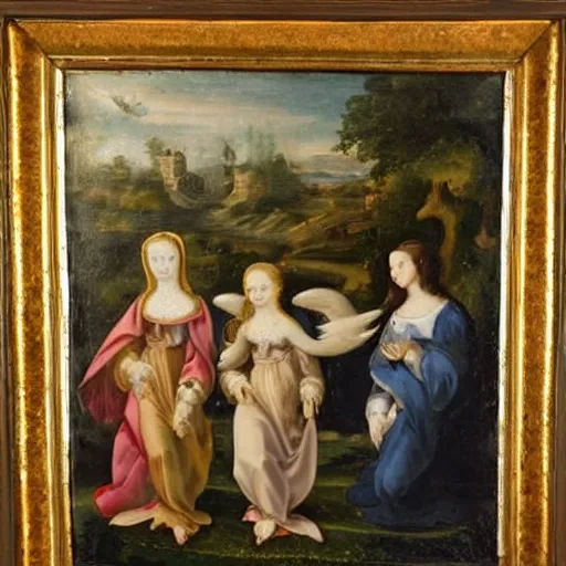 Prompt: 1 7 th century painting of 3 mary's, and 2 angels in the background