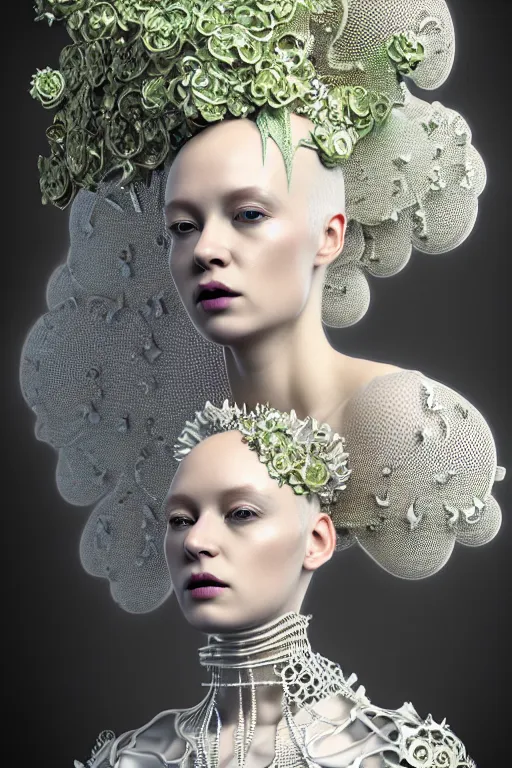 Image similar to complex 3 d render, hyper detailed ultrasharp beautiful biomechanical mandelbrot fractal steampunk filigree mesh wire female cyborg portrait with a porcelain profile face, albino afro, elegant crown with big hydrangea foliage leaves stems roots, alexander mcqueen haute couture, art nouveau fashion, octane render, 8 k