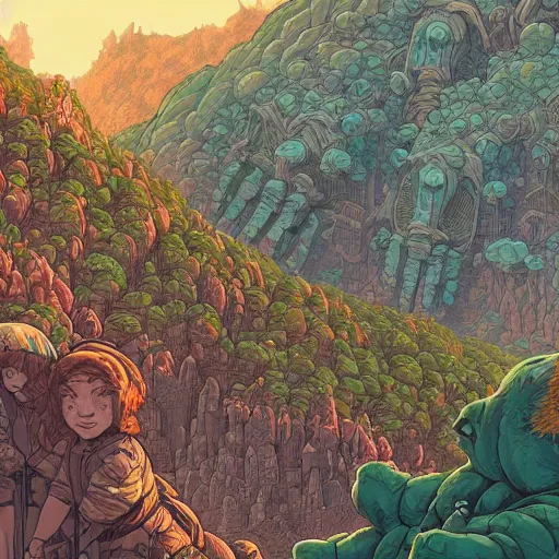 Image similar to cell shaded adult animation, a birds eye view overlooking a walled off ancient fantasy city being attacked by horrific monsters, surrounded by mountains and trees of greens and browns, rivers, the monsters are puring through the valley, concept art by josan gonzales and wlop, Laurie Greasley, Jordan Grimmer, Beksiński and james jean, highly detailed, sharp focus, Trending on Artstation, HQ, deviantart, art by artgem