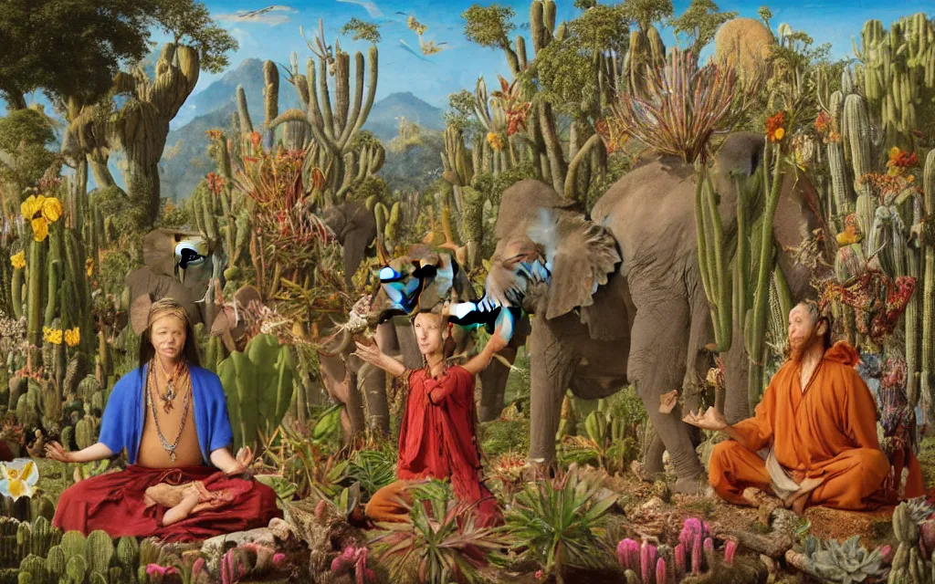 Image similar to a portrait photograph of a meditating elephant shaman and a elephant prince feeding tropical animals at a wide river delta. surrounded by bulbous flowers, animals, trees and cacti. mountain range under a vast blue sky of burning stars. painted by jan van eyck, max ernst, ernst haeckel and artgerm, cgsociety, artstation, fashion editorial