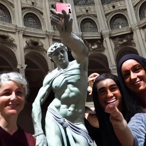 Image similar to statue of david by michelangelo and a group of nuns taking a selfie with a selfie stick