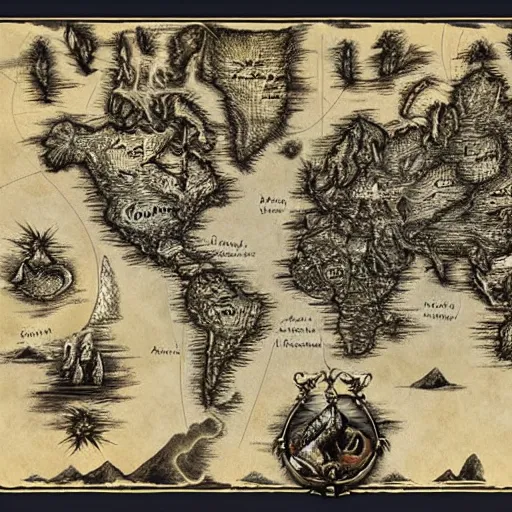 Prompt: fantasy world map, drawn, detailed