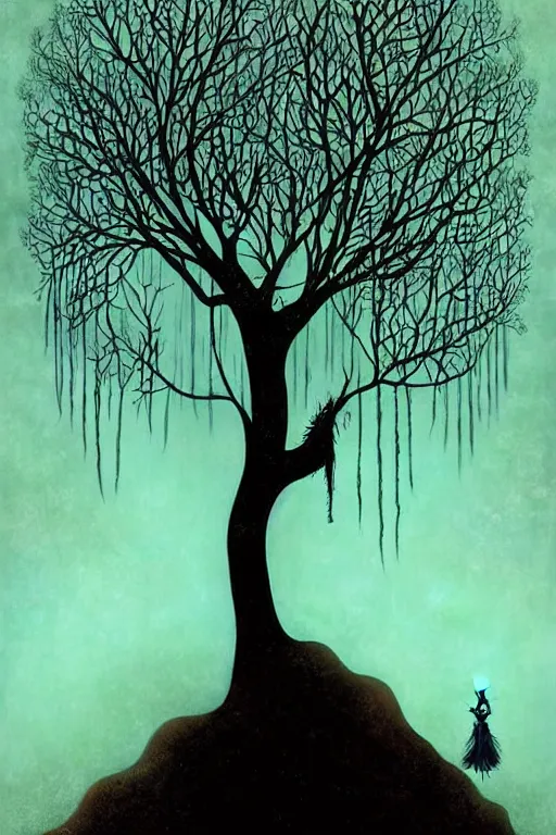 Image similar to surreal, fantasy, fairytale animals, apple tree, haunted woods in silhouettes, by andy kehoe