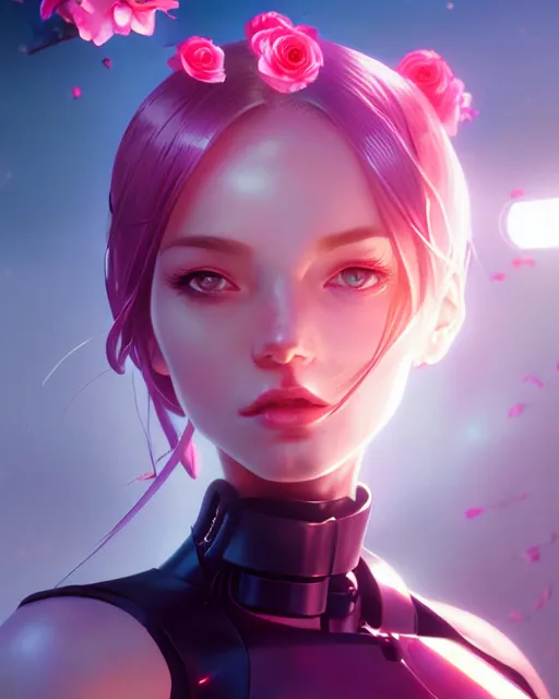 Image similar to perfect android girl, rose hair, cyborg, flowers, cinematic lighting, garden, beautiful girl, advanced technology, futuristic, art by ilya kuvshinov and akiko takase and eugene gottsnake and stanislav istratov and su fu and antoine collignon