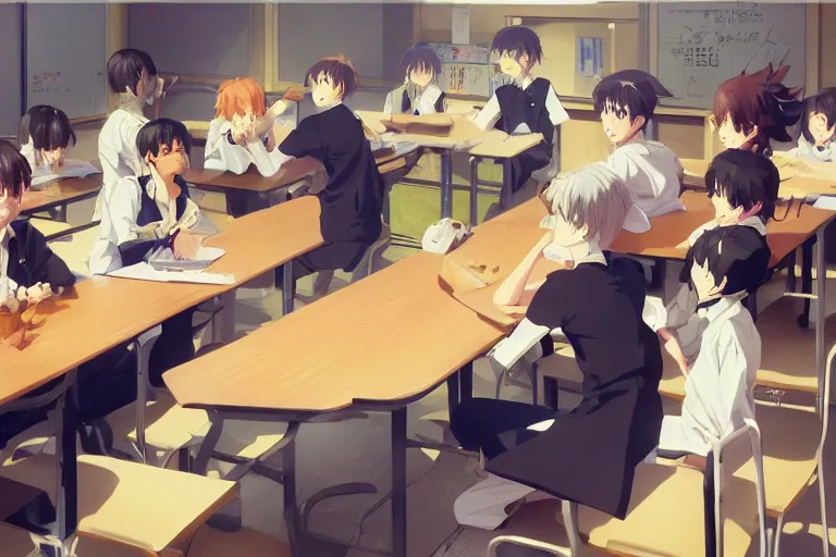 boy's love anime high school classroom scene spring, Stable Diffusion