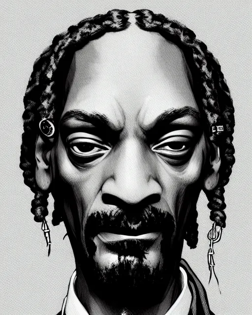 Image similar to portrait of snoop dogg, concept art, sumi - e style, intricate linework, artstation, trending, highly detailed, smooth, focus, art by yoji shinkawa,