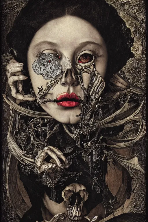 Image similar to Detailed maximalist portrait with large lips and with large eyes, sad expression, skeletal, HD mixed media, 3D collage, highly detailed and intricate illustration in the style of Caravaggio, dark art, baroque