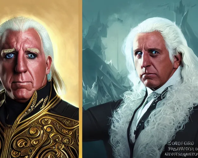 Prompt: photography of ric flair as a king, deep focus, d & d, fantasy, intricate, elegant, highly detailed, digital painting, artstation, concept art, matte, sharp focus, illustration, hearthstone, art by artgerm and greg rutkowski and alphonse mucha