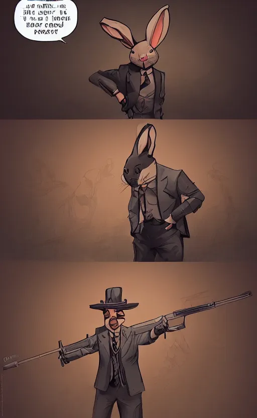 Image similar to rabbit hitman, comic strip style, dynamic lighting, fantasy concept art, trending on art station, stunning visuals, creative, cinematic, ultra detailed