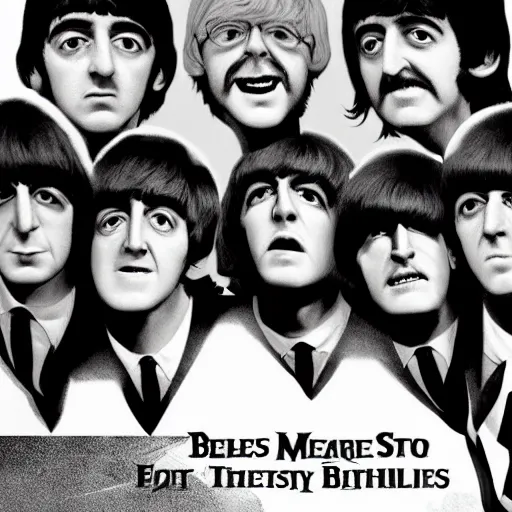 Prompt: the beatles cgi monstrosity four heads and one body nightmare scary