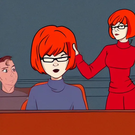 Image similar to Stunning Scene of Velma Dinkley wearing her iconic orange sweater from Scooby Doo in court for falsely accusing someone of being a criminal. Pixiv, artstation