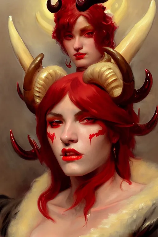 Image similar to painted close - up portrait of a attractive red - skinned intimidating demon girl with ram horns! oil painting, wearing a noblewoman's outfit, fantasy art by john singer sargent and gaston bussiere, and james jean and tyler edlin, demon noble character design, hd