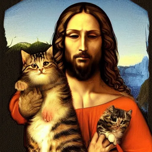 Image similar to portrait of jesus holding a cute cat, digital art, by leonardo da vinci