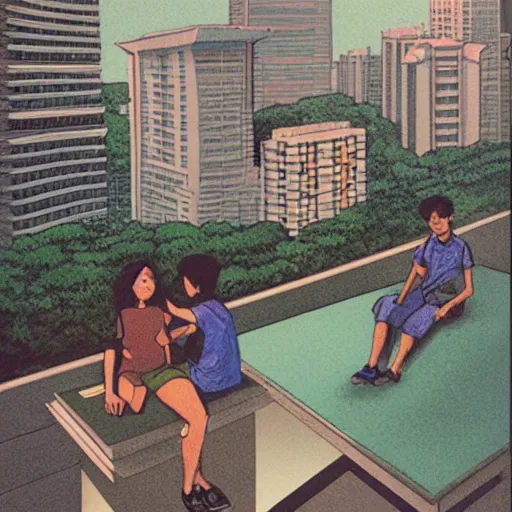 Prompt: art of two singapore students on the roof of a hdb flat, by moebius