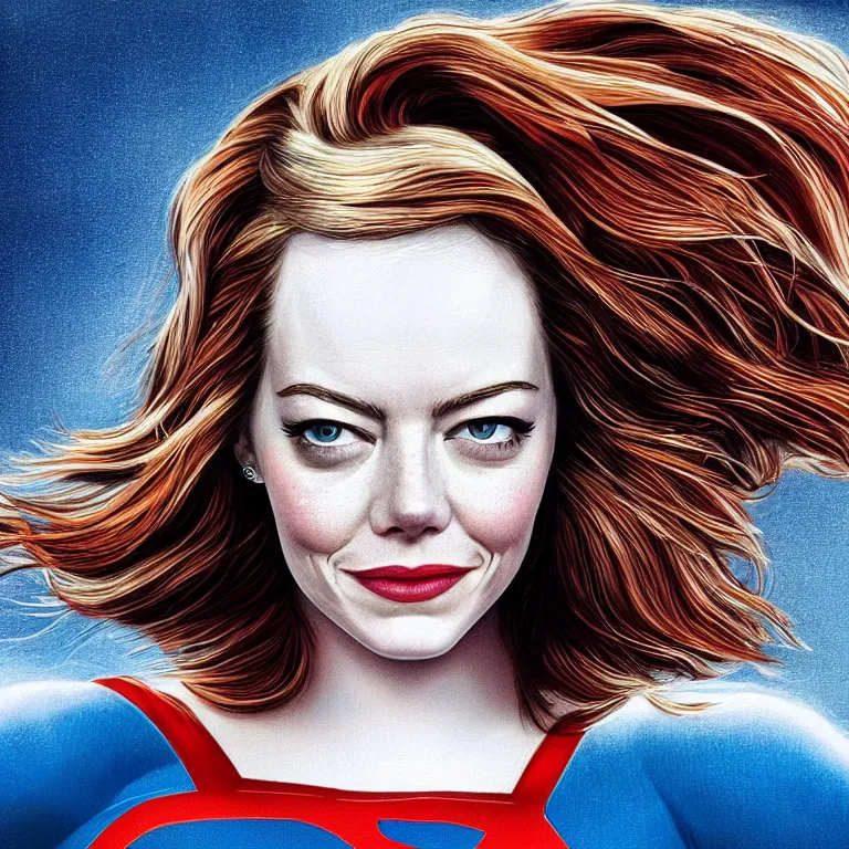 Image similar to highly detailed portrait of Emma Stone as Superwoman, intricate, masterpiece