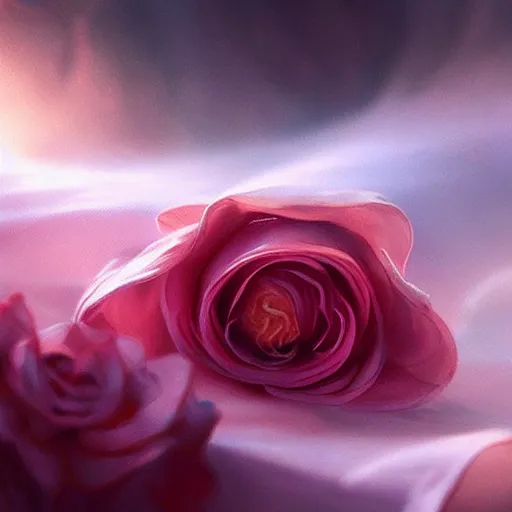 Prompt: a Rose lying on silk cloth, fog, volumetric lighting, intricate, elegant, highly detailed, digital painting, artstation, concept art, smooth, sharp focus, illustration, art by artgerm