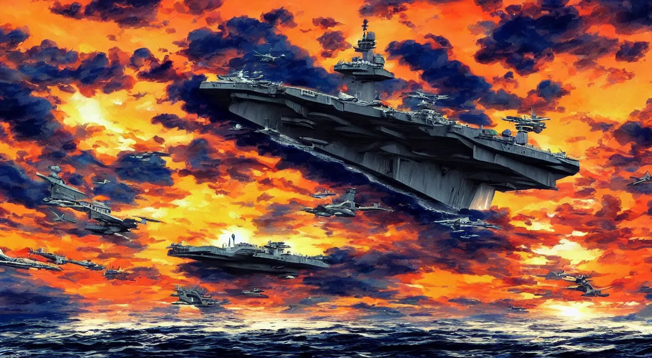 Image similar to aircraft carrier sunset sky waves beautiful artstation 4 k breathtaking graphic novel concept art illustration cartoon by jack kirby