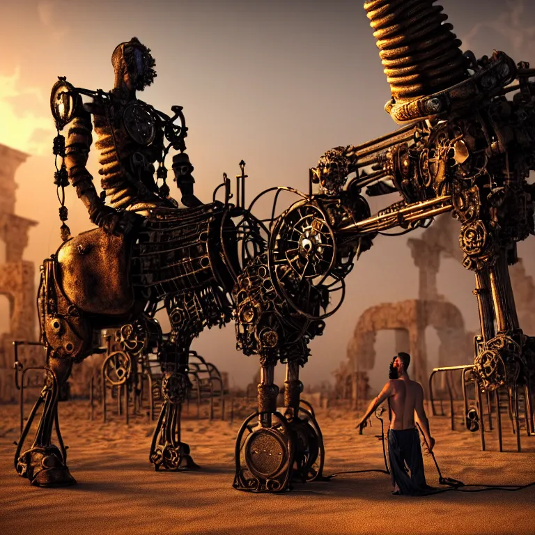 Image similar to A techno-magical shaman performs a ritual to resurrect a mechanical horse. The steel ancient ruins are covered with sand. masterpiece, fantasy art, future, cinematic, hyperdetailed, photorealistic, sigil, hyperrealism, octane rendering, 8k, depth of field, bokeh, shadows