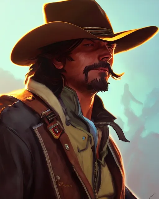 Image similar to mccree from overwatch, cinematic, stunning, highly detailed, digital painting, artstation, smooth, hard focus, illustration, art by artgerm and greg rutkowski and alphonse mucha