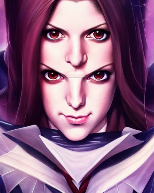 Image similar to beautiful Anna Kendrick Zatanna DC Comics floating, on stage, symmetrical face symmetrical eyes, smiling, modern anime, fantasy, eerie, intricate details, atmospheric, elegant, super highly detailed, professional digital painting, concept art, art by artgerm and eiichiro oda and koyoharu gotouge