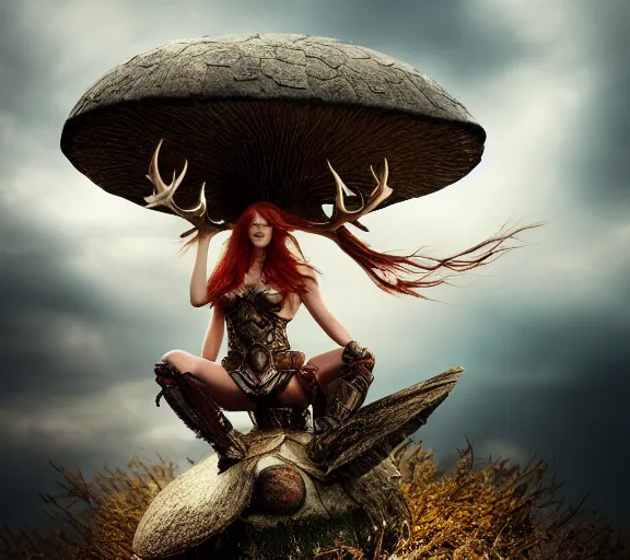 Image similar to a photo of an armored woman warrior redhead with antlers sitting on a giant mushroom that covers a whole village and reaches above the clouds by luis royo. intricate. lifelike. soft light. sony a 7 r iv 5 5 mm. cinematic post - processing